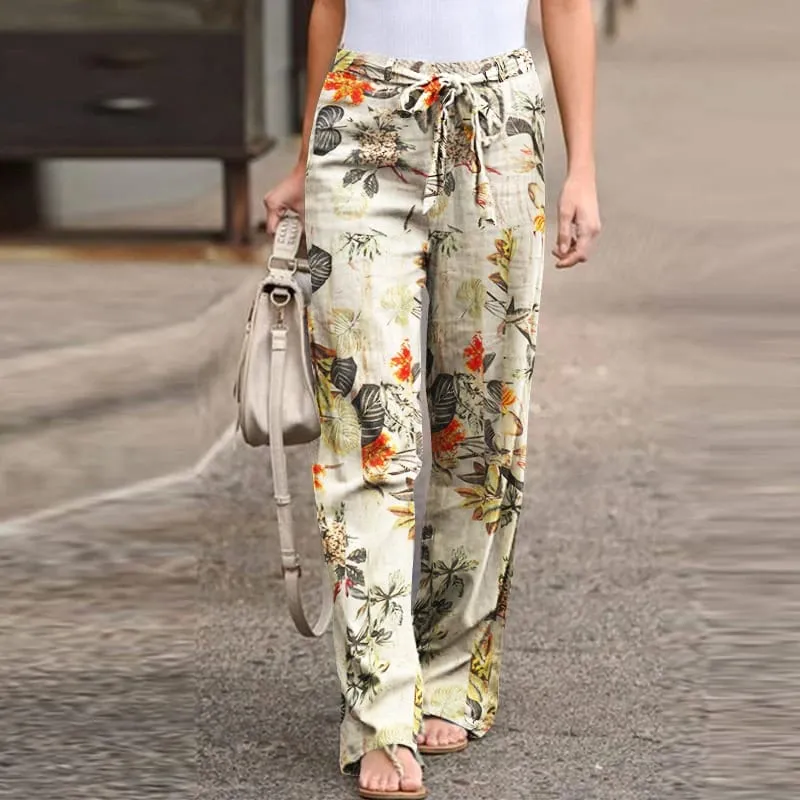 Pantalon fluide fleuri pour femmes blanc | Tendance Fleurie