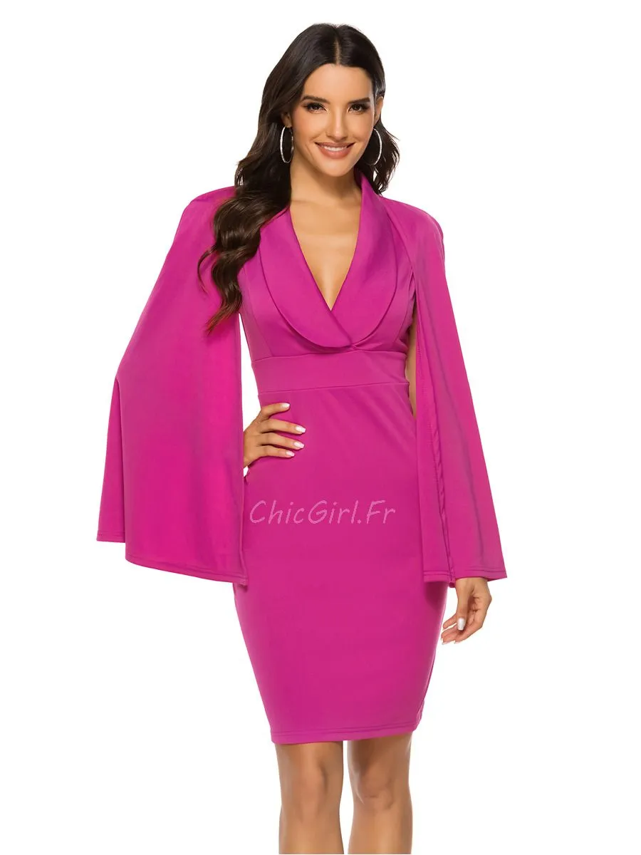 Robe De Soirée Tendance Courte Crayon Rose Fushia Col V Claudine Manche Longue