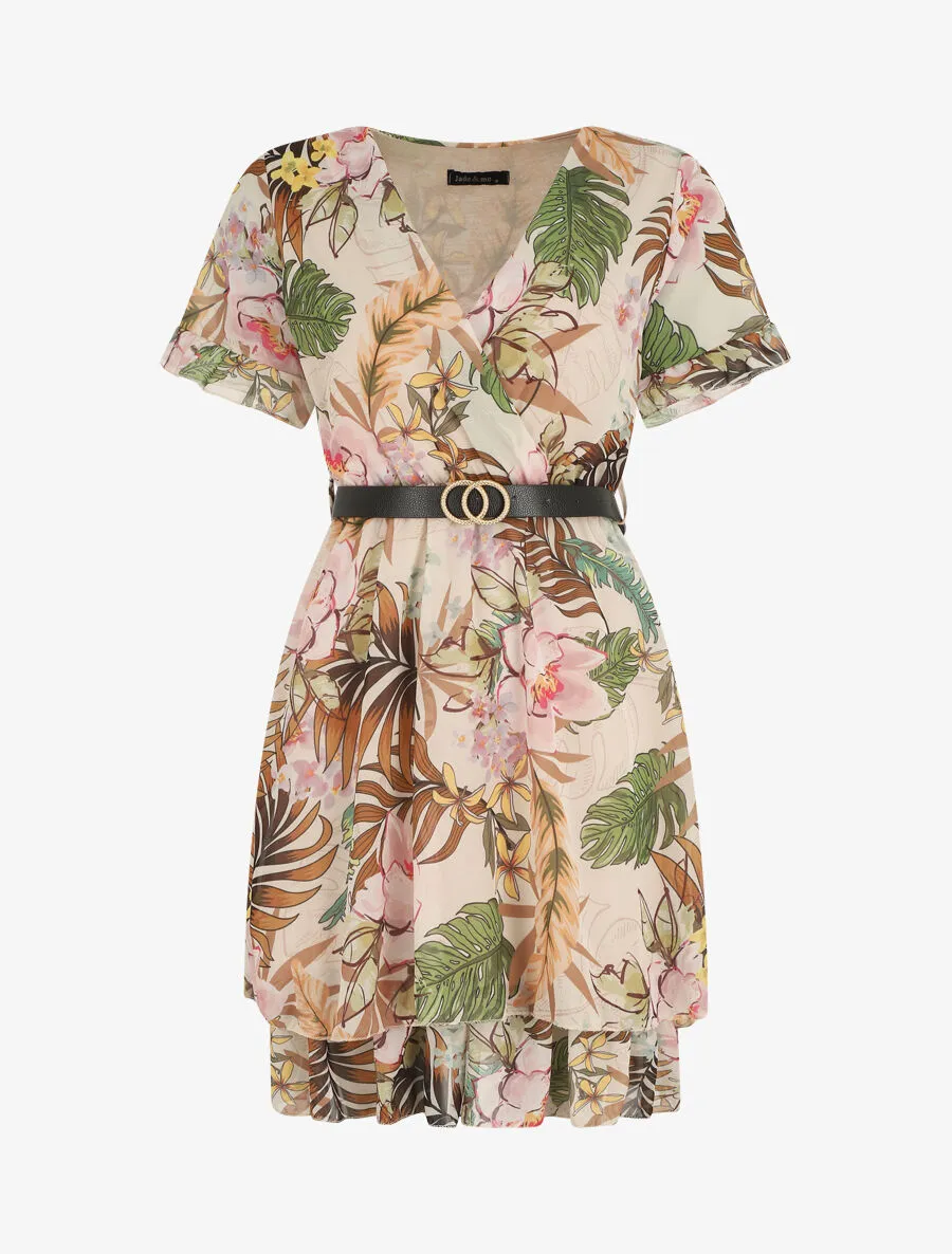 Robe évasée manches courtes imprimé fleurs tropicales - Beige
