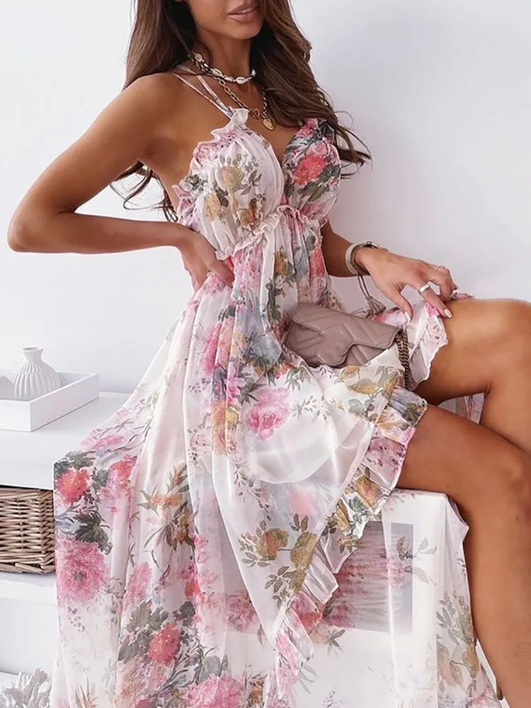 Robe fleurie mariage blanche à col en V profond et dos nu | Tendance Fleurie