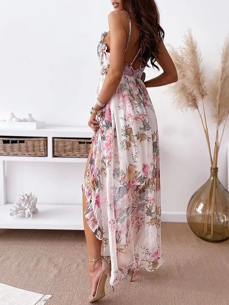 Robe fleurie mariage blanche à col en V profond et dos nu | Tendance Fleurie