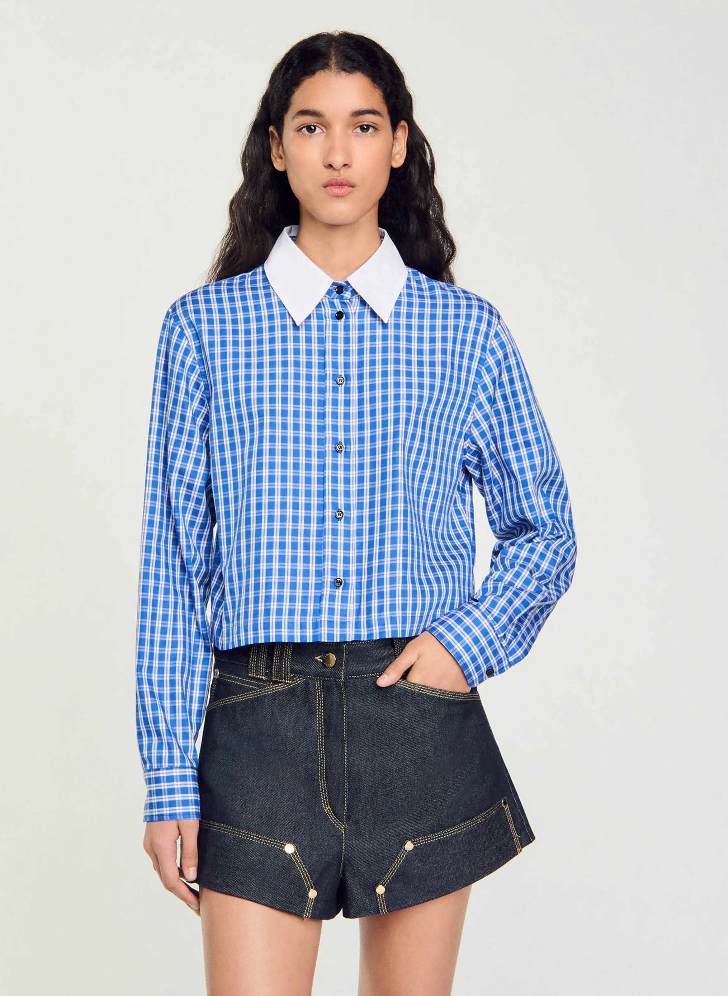 SANDRO  Chemise courte droite col classique en coton imprimé - Bleu