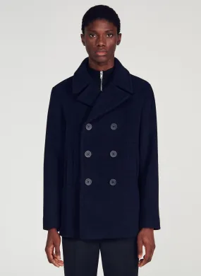 SANDRO  Manteau droit col tailleur en laine mélangée - Bleu