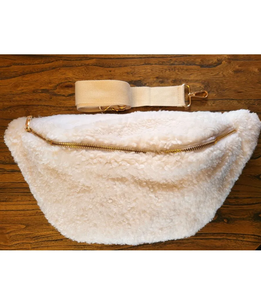 SANTAÏA SAC BANANE BANDOULIERE TENDANCE PELUCHE PEAU MOUTON BLANC